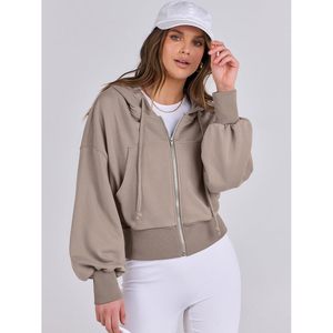 FOXA Sweat à capuche court zippé pour femme, épaules tombantes, décontracté, confortable, respirant, en mélange de coton tricoté, tenue de mode automne - Product Image 3