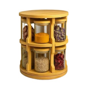Rotatable Bamboo Spice Rack Double Layer Glass <b>Jars</b> With Wooden Lid <b>Kitchen</b> Countertop <b>Storage</b> Organizer - Product Image 5