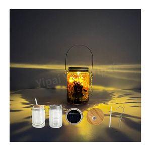Bocal en verre à double paroi de 11 oz vierge pour sublimation, multifonctionnel, type globe de neige, avec couvercles à lumières solaires, couvercle en bambou et paille - Product Image 1