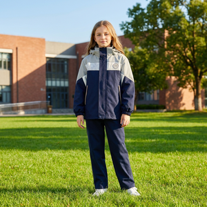 Ensemble de survêtement sportif 521005M tendance avec blocs de couleur, <span class=keywords><strong>bleu</strong></span> <span class=keywords><strong>marine</strong></span> et gris, à capuche, pour uniforme scolaire, avec badge scolaire personnalisé - Product Image 2