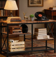Mesa Consola Moderna Industrial de 3 Niveles con Estructura Metálica en Forma de X y Estantes de Madera para Almacenamiento en la Entrada o Sala de Estar