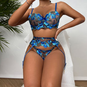 Giarrettiere Sexy di lusso della biancheria delle donne del ricamo Sexy della giuntura del fiore blu della signora matura della maglia di estate con la guarnizione della vita dell'anello d'acciaio - Product Image 1