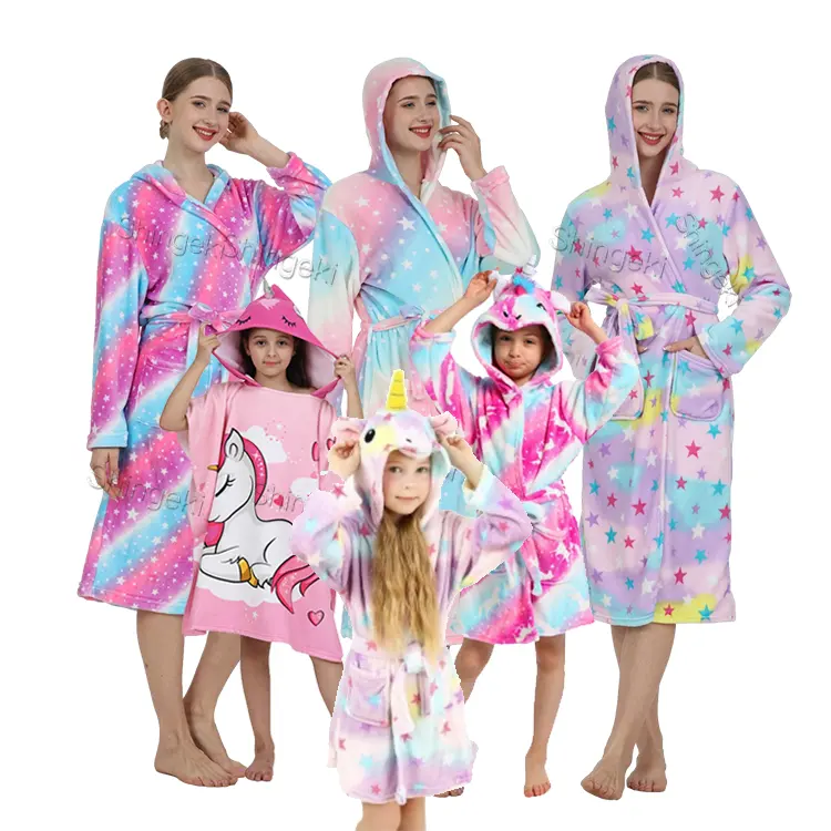 Großhandel Mädchen Cartoons Dusche Roben Flanell Fleece Kinder Kapuze Weiche Einhorn Bademantel Pyjamas