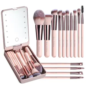 2024 Novo Conjunto De Escova De Maquiagem com Logotipo Personalizado Estojo Espelho 14PCS BS-MALL Travel LED Mirror Makeup Brush Set