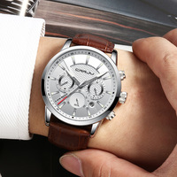 Montre élégante à bracelet en cuir, boîtier en alliage, mouvement à quartz, cadran analogique, chronographe à six aiguilles, verre minéral, résistance à l'eau 30M