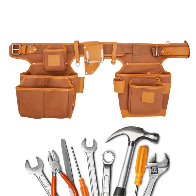 Professional canvas leather carpenter tool belt pouchwith belt low moq 6 pockets belt tool bag work for tool organizer