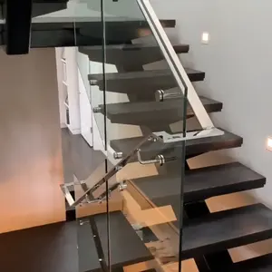 מותאם אישית עץ סולמות מונו סטרינגר מדרגות זכוכית מעקה מדרגות משמש וילה בית - Product Image 5