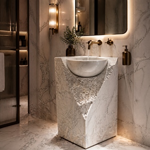 Poulars - Lavabo de Pedestal de Piedra Natural de Lujo, Fabricado a Mano, Lavabo de Mármol Arabescato Corchia - Product Image 1