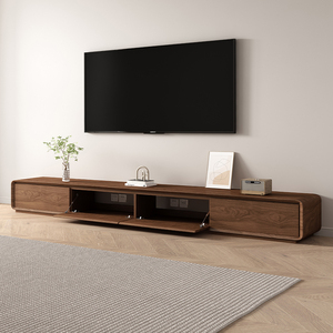 Meuble <span class=keywords><strong>TV</strong></span> autoportant minimaliste en noyer et chêne, couleur personnalisée, respectueux de l'environnement, en MDF noir et panneaux de particules, avec 4 tiroirs - Product Image 4