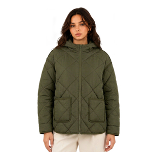 Blouson matelassé léger et chaud pour femme, couleur olive, à capuche, zippé, avec poches, motif 3D, vêtement d'extérieur personnalisé pour l'hiver - Product Image 1