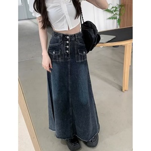 Jupe mi-longue en jean à volants pour femme, taille haute, décontractée, pour le printemps - Product Image 2