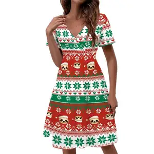 wholesale 2024 Casual Dress Women Clothes V-neck Print Christmas animals Sleeve Full Print Ladies Dresses Elegant Women Clothing