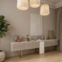 Armoire de chambre principale amovible en bois massif avec plateau en marbre flottant beige mat, multi-tiroirs, pour rangement décoratif et articles divers