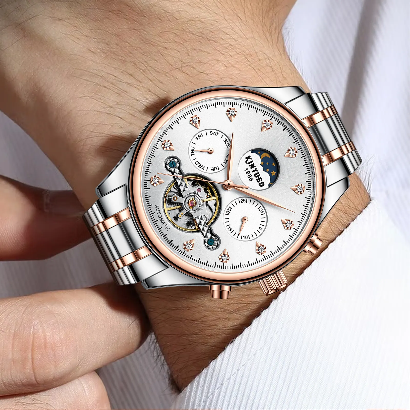 KINYUED New Watch J103 Luxury Mens Mechanical Watch Calendar Display Moon Phase Custom Logo Tourbillon Watches