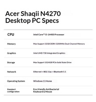 Nouveau PC de bureau commercial Acer en gros, Intel i5-14400 de 14e génération, 8 Go DDR4, SSD 256 Go, HDD 1 To, Windows 11 Famille, en vrac
