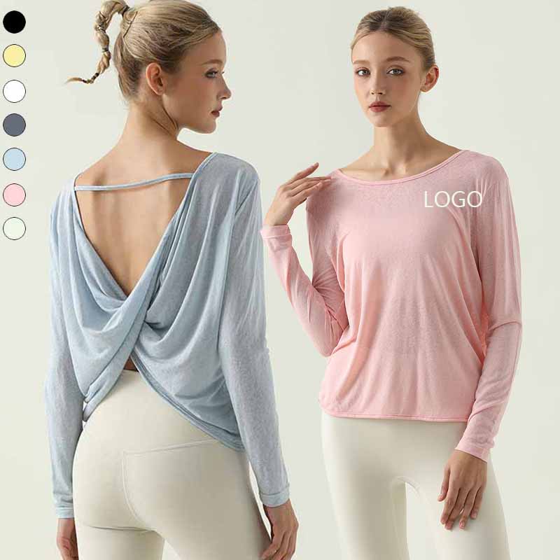 XW-CX276 Long Sleeve Sports Top Cross Back Gym Fitness Sportswear Loose Round Neck Backless Strength Training Yoga Top