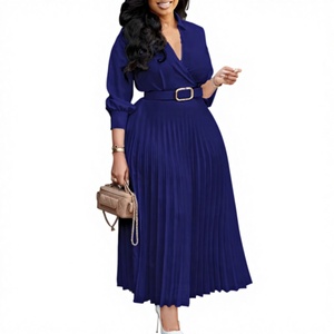 D472 Elegante Abito Lungo Casual da <span class=keywords><strong>Donna</strong></span>, <span class=keywords><strong>Vestito</strong></span> Primaverile alla Moda con Scollo a V, Plissettato, <span class=keywords><strong>Maniche</strong></span> <span class=keywords><strong>Lunghe</strong></span>, Logo sul Retro, Abito Tinta Unita con Cintura - Product Image 3