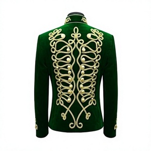 Blazer de costume pour homme vert doré tressé brodé, à double boutonnage, col montant, style hussard, pour performance scénique hivernale et uniforme de mariage - Product Image 4