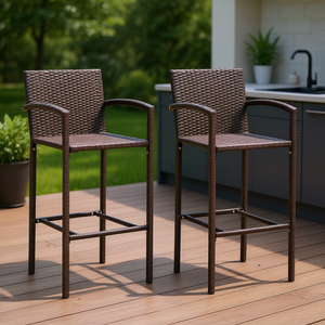 Sgabelli da bar in rattan PE, struttura in acciaio verniciato a polvere marrone, set di 2 mobili da bar moderni per esterni - Product Image 2