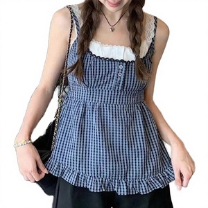 Fresh Pastoral Style Plaid Lace Stitching Bandage Dress Vest Girlish Youthful-Looking Short Woven Sweet <b>Sequined</b> Two-Piece <b>Top</b> - Product Image 2