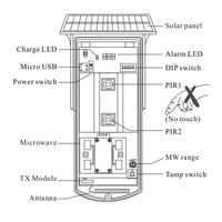 Détecteur de mouvement solaire sans fil étanche 433Mhz 3Tech PIR+Micro-ondes avec alarme LED anti-effraction et anti-animaux domestiques