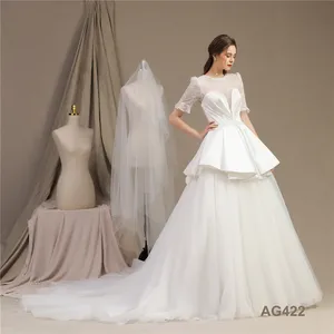 Chinese Wedding Dress Suppliers Ruffle Design Lace Satin Fabric Church Clothes Women Elegant Wedding Dresses
