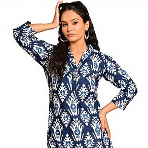 Blusa Kurti Informal Étnica para Mujer, de Algodón Índigo Estampado, de Secado Rápido, Corte Regular, Largo hasta la Cadera, Manga 3/4, Cuello en V, para Fiestas - Product Image 1