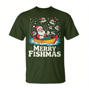 Camiseta de Navidad con diseño de Papá Noel pescando lubina en barco, para pescadores, con la frase Merry Fishmas - Product Image 2