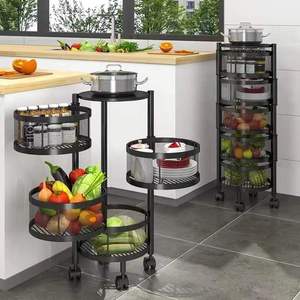 Kitchen <b>Vegetable</b> Rack Cylindrical Floor Type 360 Degree Rotating <b>Baskets</b> Rack 5-Layer Shelving Metal Storage Rack - Product Image 2