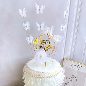 Décoration de gâteau en acrylique en forme de papillon, thème miel et douceur, avec anneau doré « Joyeux Anniversaire » et papillons blancs - Product Image 2