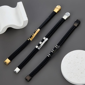 Cool Rock Korean Designer Durable Hypoallergenic 18k Gold Plated Two Layers Leather Fashion <b>Bangle</b> Bracelet Jewelry for <b>Men</b> - Product Image 4