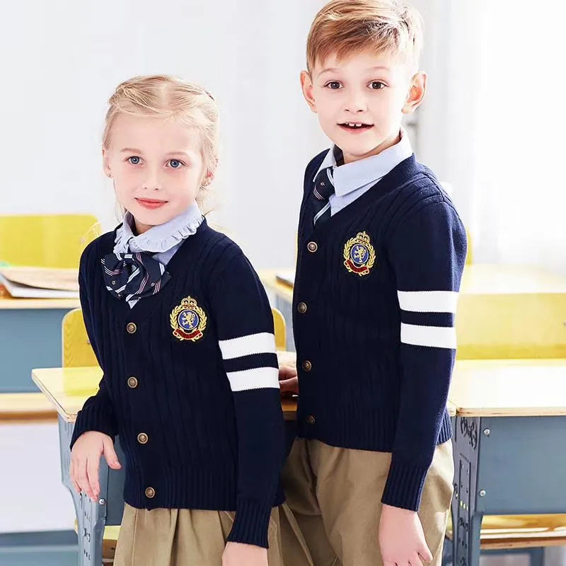 Di alta qualità Senza Maniche Con Scollo A V Blu Navy Pullover Scuola Uniforme di cotone Lavorato A Maglia Maglione bambini maglia del cotone di alta scuola cardigan