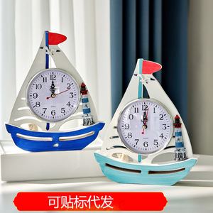 Mediterranean Sailboat Desk <b>Clock</b> Wooden Decorative <b>Clock</b> With Lighthouse And Seashell Blue <b>White</b> Design - Product Image 5