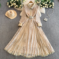 Robe longue élégante pour femme en dentelle rose à manches longues, coupe trapèze, avec ceinture, broderie de sequins, col rabattu, pour soirée décontractée