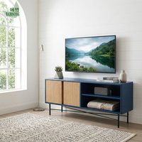 Meuble TV en bambou écologique bleu marine avec portes coulissantes, rangement ouvert et pieds en métal pour salon – OEM/ODM
