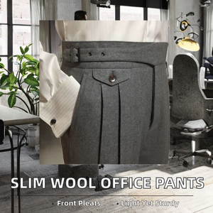 Pantalon en Laine Peignée Teinte en Pièce pour Homme, Coupe Droite Décontractée, Taille Mi-Haute, Plissé sur le Devant, Style Anglais, Vente en Gros - Product Image 2