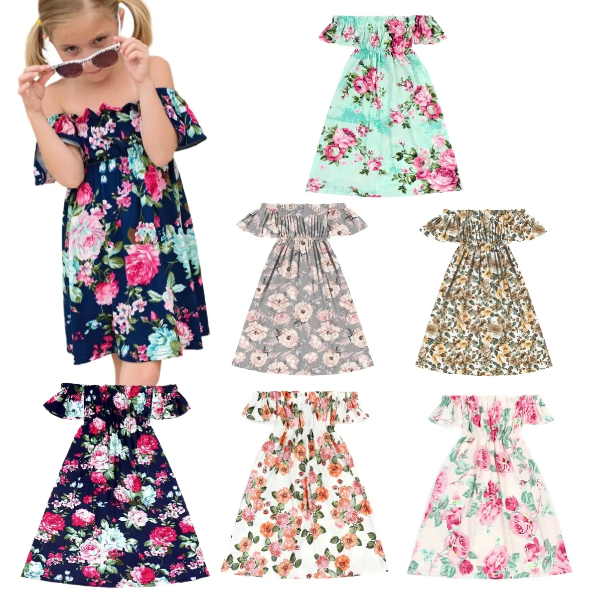 Mädchen Böhmischen dreamy off schulter kleid pink floral maxi kleid für kleine mädchen großhandel strand kleid sommer