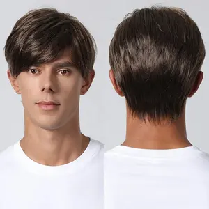Factory Fast Delivery Short Dark Brown Men Synthetic Hair Wigs Pixie Cut Side Part Wigs for Men Hair Heat Resistant Fibre