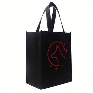 Sac fourre-tout réutilisable en tissu non tissé noir à imprimé animal, personnalisé avec logo, pour le shopping et les voyages, fabriqué à partir de matériaux recyclés - Product Image 4