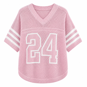 Suéter de punto de malla rosa para mujer, cuello en V, manga corta, top deportivo, estilo Y2K, ropa urbana para el día del partido - Product Image 3