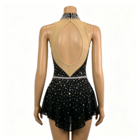 Robe de patinage artistique noire à col licou et décolleté en V profond, entièrement ornée de strass, avec jupe à dos ouvert ajouré, pour enfants, en Spandex/Nylon, pour compétition et spectacle sur glace