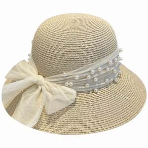 Summer New Pearl Mesh Sunshade Straw Character Woven Lace Travel Female Bowknot Bucket <b>Hat</b> Wholesale - Product Image 1