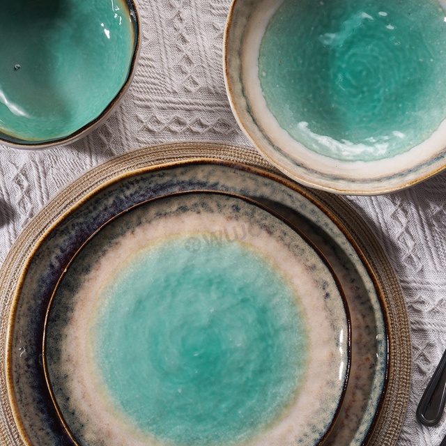Reactive Glaze Stoneware Dinnerware Set Vintage Green Ceramic Crokey Dinner Sets