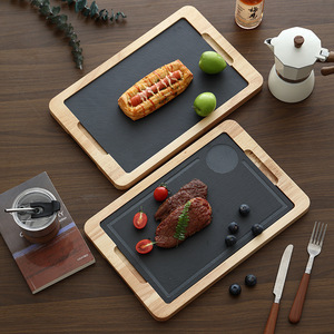 Japanese Style Stone Steak <b>Plate</b> Rectangle <b>Black</b> Slate Solid Wood Tray Durable Home Use Party Serving Board - Product Image 3