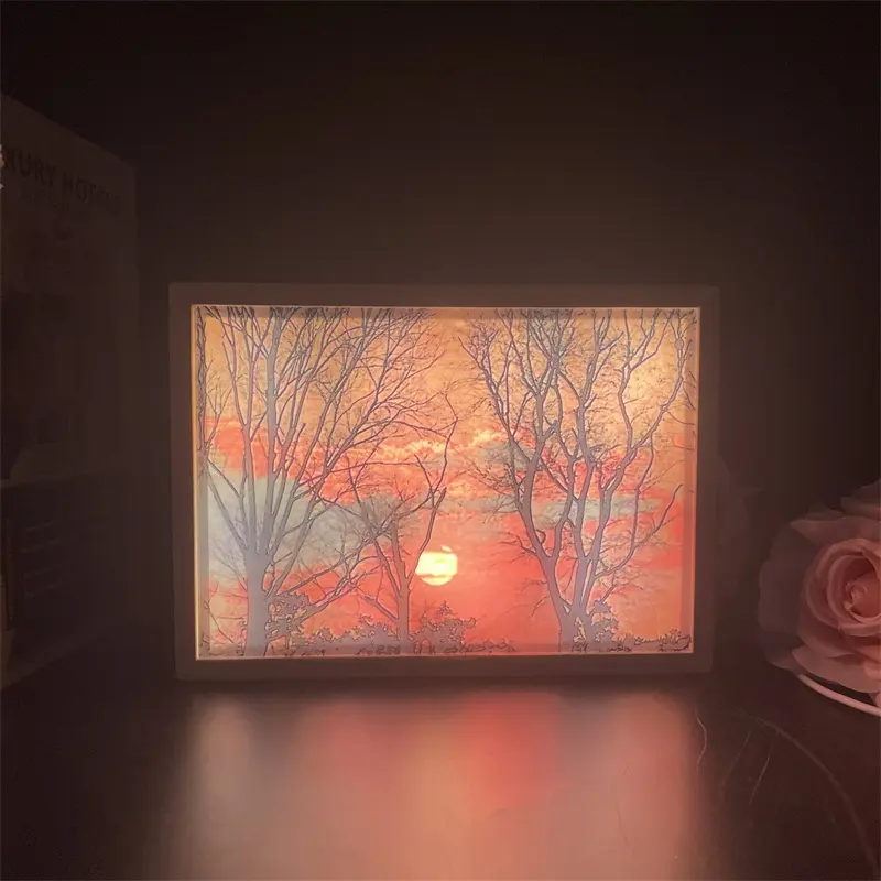 Ismart Sunset Papercut ışık kutusu dekoratif 3D gölge ışık LED lamba gece lambası