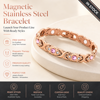 Pulsera de Eslabones de Acero Inoxidable Bicolor con Piedra Rosa para Terapia Magnética para Mujer, Joyería al por Mayor para Alivio del Dolor de Artritis
