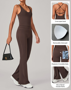 Set Yoga Casual Elasticizzato da Donna: Pantaloni a Gamba Larga Traspiranti Effetto Push-Up e Reggiseno Sportivo Incrociato sul Retro - Ropa Deportiva Mujer - Product Image 3