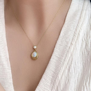 S925 Sterling Silver Rhodium Plated Two Stone Blue <b>Opal</b> Claw Set Dainty Minimalist Wedding Pendant <b>Necklace</b> for Women - Product Image 4