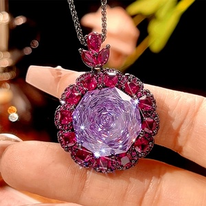 Parure de bijoux vintage écologiques en cuivre, haute qualité, avec pendentif, boucles d'oreilles et bagues assorties en zircon cubique violet 18-16 mm - Product Image 5