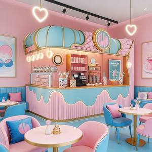 Chiosco Pop-Up per Bubble Tea e Dessert con Luci a LED a Forma di Cuore, <span class=keywords><strong>Arredamento</strong></span> Morbido, Sistema di Stoccaggio Rosa, Scaffalature e Vetrina Espositiva - Product Image 3